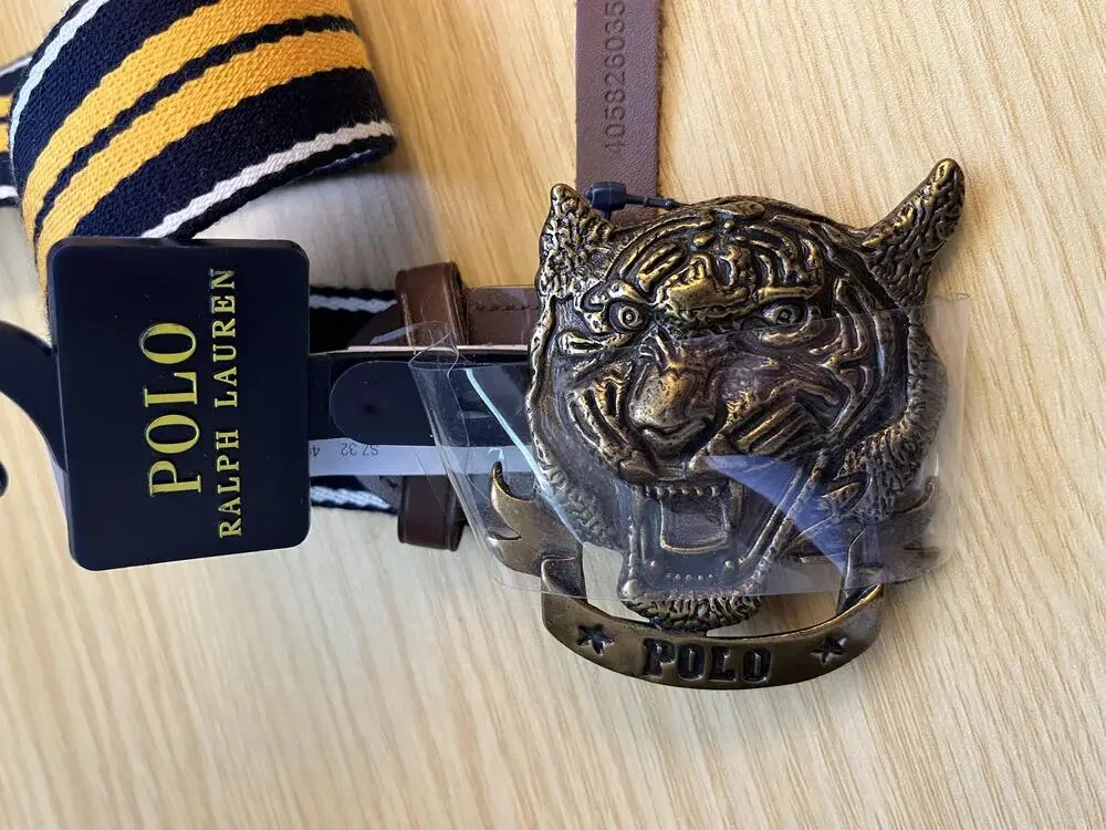 NWT Polo Ralph Lauren Tiger Webbed Belt Mens 32 Blue Gold Tone Striped Buckle